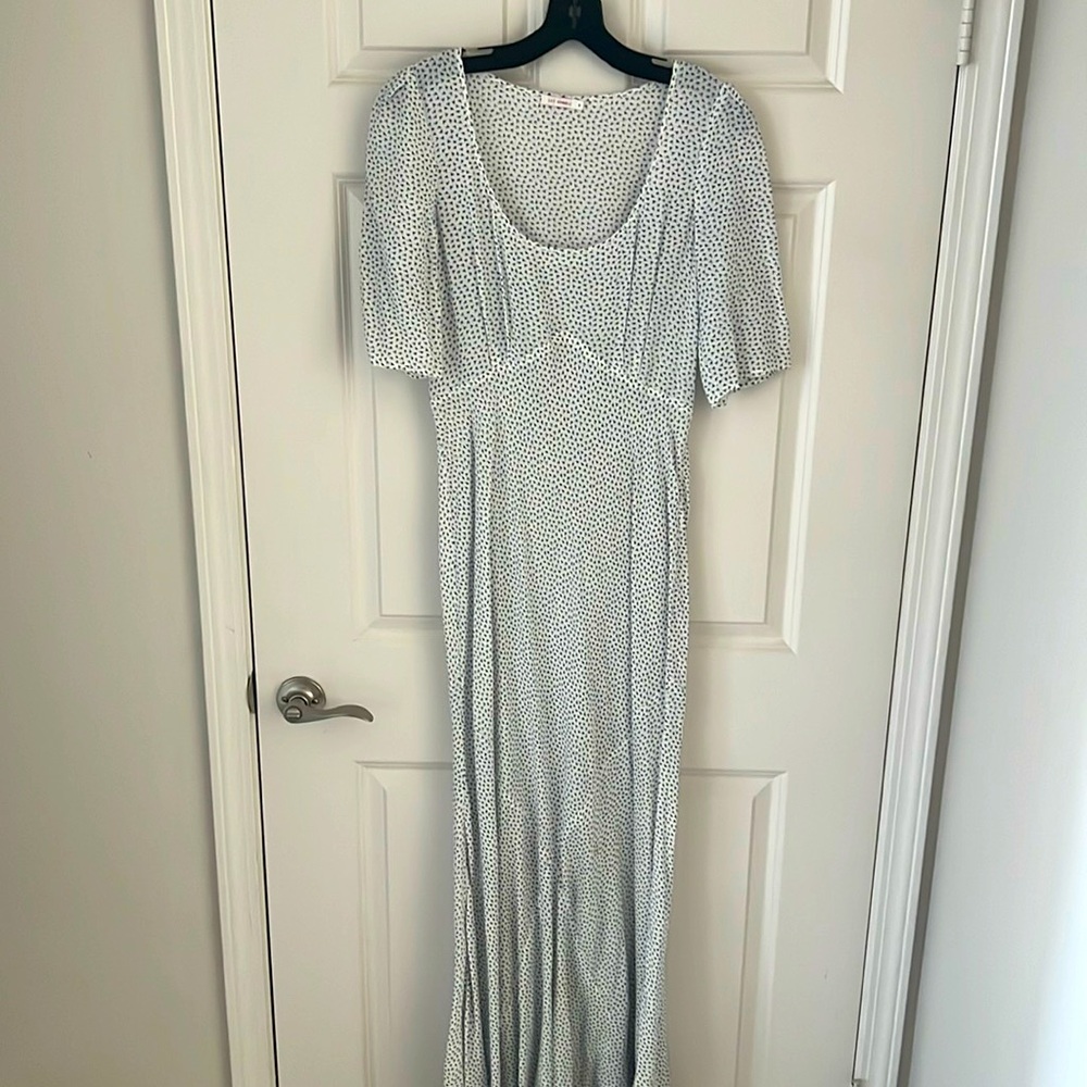 Lily Ashwell Scoop Neck Cream Navy Dot Maxi Dress Size M 4-6